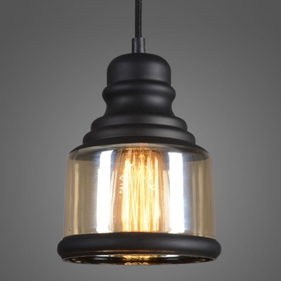 Retro Amber Glass Industrial Style LED Pendant with Black Finish