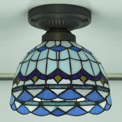 Bowl Shade Blue Colored Downward Tiffany Semi Flush Mount Ceiling Light