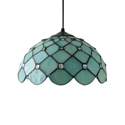 Downward Dome Shade 12 Inch Hanging Pendant Lighting in Tiffany Blue Stained Glass Style