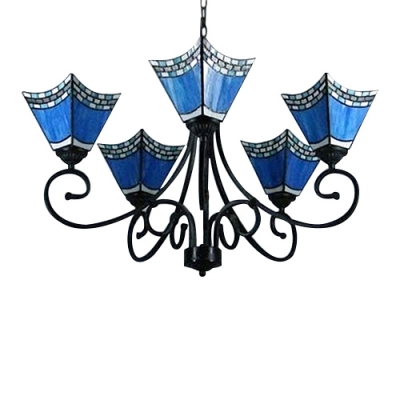 Blue Stained Glass Wrought IronTiffany Five-light Chandelier with Uplight