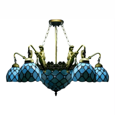 Mermaid Armed Blue Stained Glass Tiffany Five-light Chandelier with Center Bowl