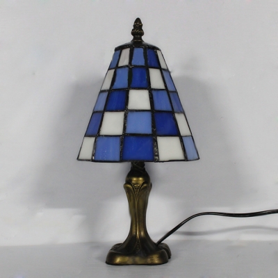 Mini Bedside Blue Colored Downward Grid Pattern Tiffany Desk Lamp