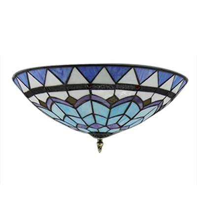 One Lighted Hand-made Blue Stained Glass Tiffany 16 Inch Flush Mount Ceiling Light