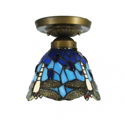 Blue Stained Glass Country Style 6 Inch Wide Tiffany Semi Flush Mount Ceiling Light