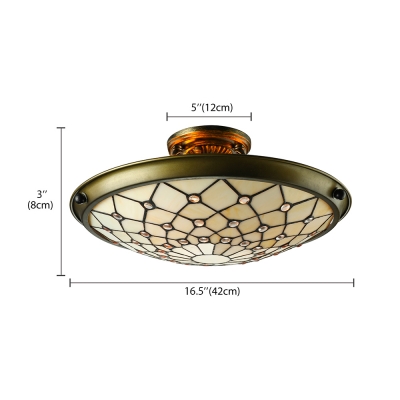 Metal Decor Beige Stained Glass Tiffany Three-light Semi Flush Mount Ceiling Light