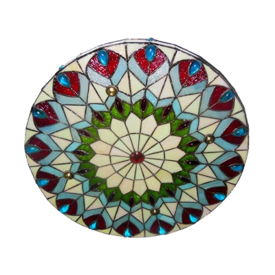 16 Inch Round Shade Peacock Stained Glass Tiffany 3-light Flush Mount Ceiling Light