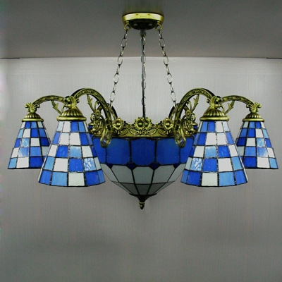 With Center Bowl 8-light Blue Colored Downward Tiffany Chandelier Ceiling Lighting