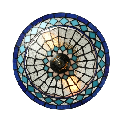 Blue Diamond Pattern 12 Inch Flush Mount Ceiling Light in Tiffany Stained Glass Style