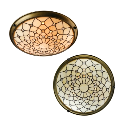 Metal Decor Beige Stained Glass Tiffany Three-light Semi Flush Mount Ceiling Light