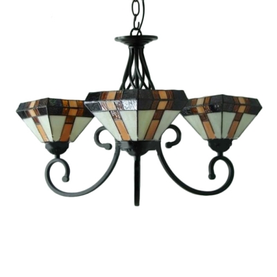 Three-light Diamond Shade Stained Glass Tiffany Chandelier with Black Finish