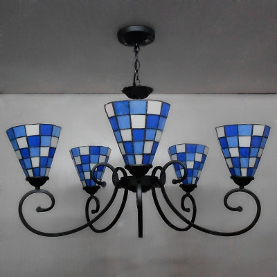 Five Lighted Blue Colored Upward Tiffany Chandelier with Blue and White Shade