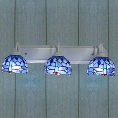 Sea Blue Stained Glass 8 Inch High 3-light Tiffany Bathroom Sconce with Dragonfly Pattern