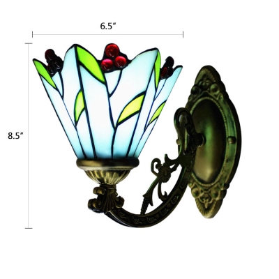 6 Inch Cherry Motif One-light Blue Stained Glass Tiffany Wall Lamp with Bronze Base