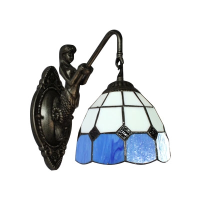 Blue and White Grid Pattern 6 Inch Mermaid Wall Sconce in Tiffany Stained Glass Style