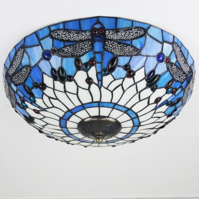 Fancy Stained Glass 16 Inch Wide Tiffany Flush Mount Ceiling Light with Dragonfly Pattern