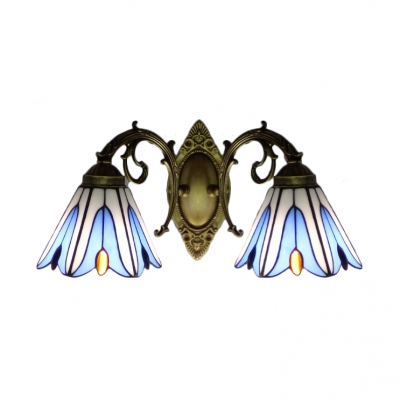 Romantic Tiffany Stained Glass 2 Lights Downward Wall Lamp in Lily Shape