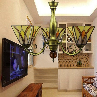 Upward Cone Beige Shade Bronze Finished Tiffany Chandelier for Living Room