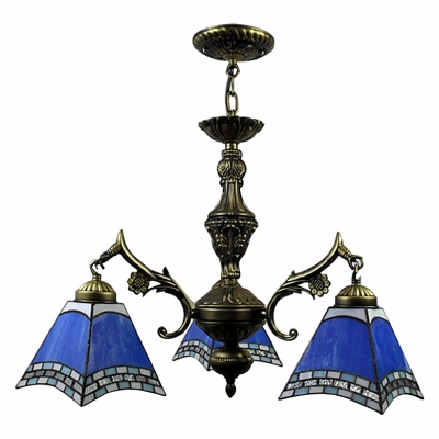 European Fashion Bronze Finished Blue Stained Glass Tiffany 3-light Chandelier