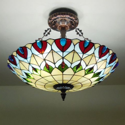 Four-light Peacock Stained Glass Tiffany Chandelier with Copper Finish