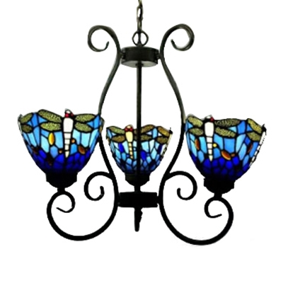 Country Style Tiffany Three-light Red/Blue Stained Glass Chandelier with Dragonfly Pattern