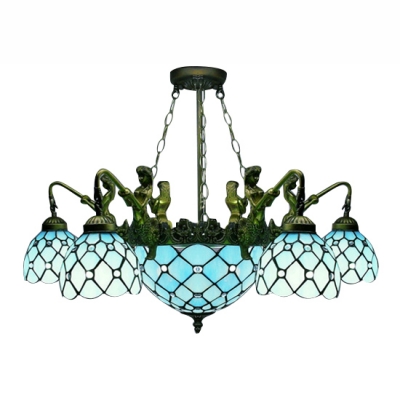Mermaid Armed Blue Stained Glass Tiffany Five-light Chandelier with Center Bowl