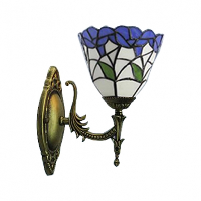 Up or Down 6 Inch Blue Stained Glass Leaf Motif One-light Tiffany Wall Sconce