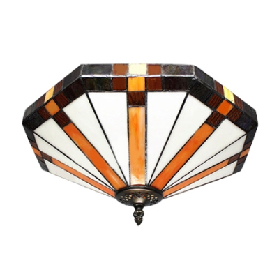 16 Inch Geometric Stained Glass Tiffany Three-light Flush Mount Ceiling Light