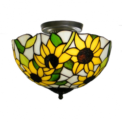 12 Inch Wide Three Lights Sunflower Tiffany Style Flush Mount Ceiling