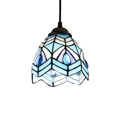 Peacock Style Blue Stained Glass Tiffany One-light Mini Hanging Pendant