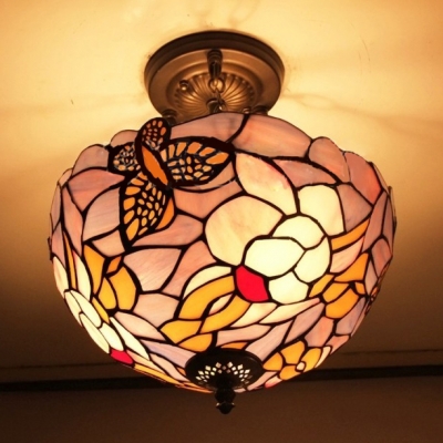Pink and Purple Stained Glass Butterfly Design 12 Inch Chandelier in Tiffany Style