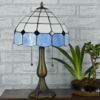 Blue Colored Mission Stained Glass 12 Inch Tiffany Table Lamp with Pull Chain