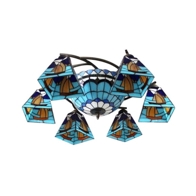 Nautical Style Blue Sailboat Pattern Stained Glass Tiffany Three/Eight-light Chandelier 2 Designs for Option