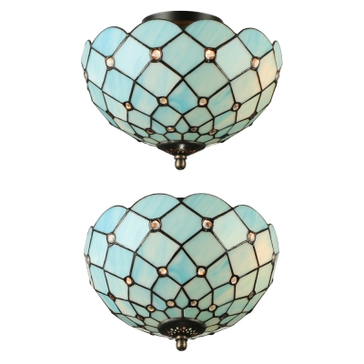 Mediterranean Sea Blue Pattern 12 Inch Semi Flush Mount Ceiling Light in Tiffany Stained Glass Style