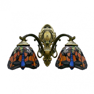 Two-light Country Style 16 Inch Wide Tiffany Wall Sconce with Dragonfly Pattern