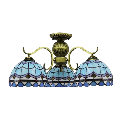3 Lights Globe Shade Blue Lattice Brass Tone Finish Tiffany Style Chandelier