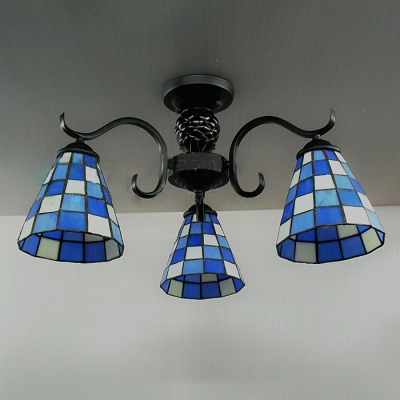 Black Finished Three-lighted Blue Colored Downward Tiffany Chandelier