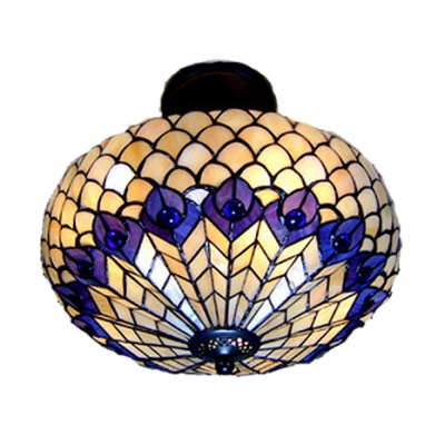 Peacock Pattern 16 Inch Semi Flush Mount Ceiling Lighting in Tiffany Stained Glass Style