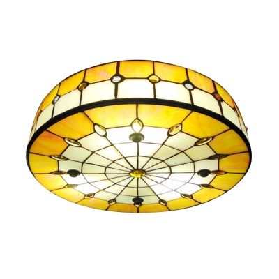 Round Shade Yellow Stained Glass Flush Mount Ceiling Light 3 Sizes for Choice
