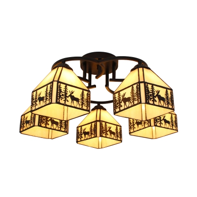 Lodge Style 3/5-Bulb Elk Pattern Chandelier Ceiling Light with Stained Glass Square Shades