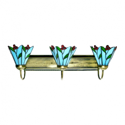 Bronze Long Base 24 Inch HighWide Blue Stained Glass 3-light Tiffany Bathroom Fixture