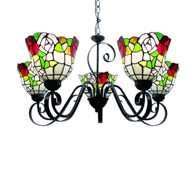 

Black Finished Five Lighted Tiffany Chandelier with Red Rose, HL402977