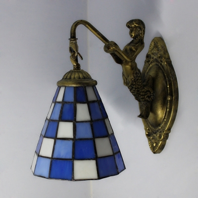Bronze Mermaid Base Blue Colored Downward Tiffany Wall Sconce
