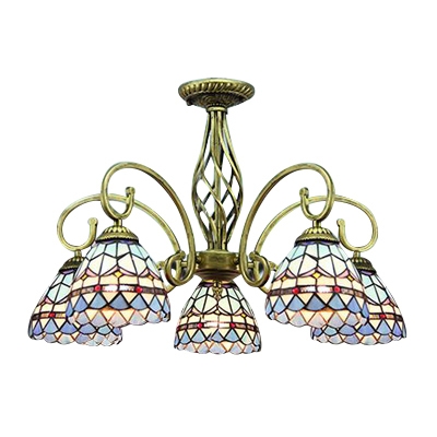 Intricate Lattice Motif 3/5 Lights Tiffany Chandelier with Stained Glass Dome Shades for Living Room Restaurant