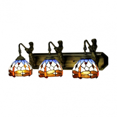 Mermaid Armed Dragonfly Motif Stained Glass Tiffany 3-light Bathroom Fixture
