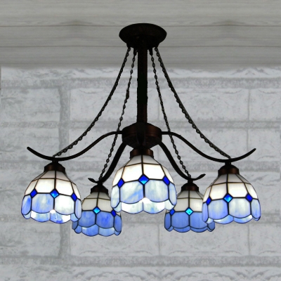 Copper Finished Wrought Iron Blue Bowl Tiffany Chandelier with 5 Lights