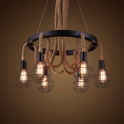 Industrial 6 Light Wire Cage Rope LED Chandelier with 30" Wide Iron Cirle in Matte Black Finish