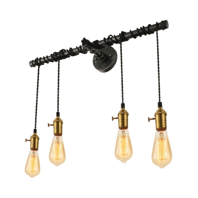 24 Inches Wide Natural Iron Four Light Industrial Hanging Pipe LED Wall Lamp