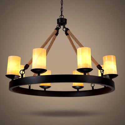 Industrial Dining Room 8 Light Large Rope LED Chandelier in Black Finish with Cylinder Amber Frosted Glass Shade
