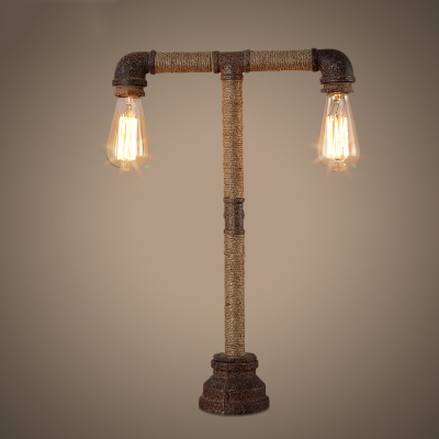 Mottled Rust Iron Two Light LED Table Lamp with Natural Rope Accents