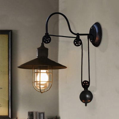 Industrial Style Adjustable 1 Light Wall Sconce in Black with Wire Guard Farmhouse Study Room Lights